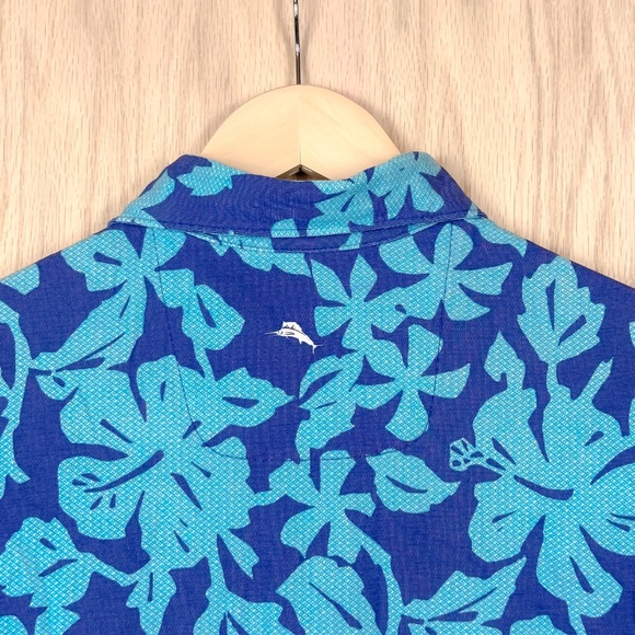 Tommy Bahama Polo Shirt Blue Floral Hawaiian Print - Picture 9 of 11